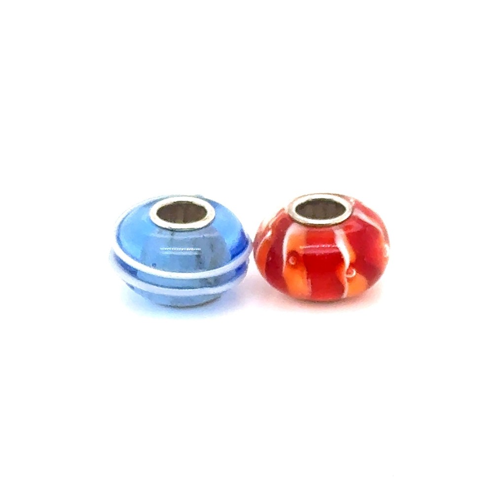 925 Sterling Silver Murano Glass Beads Blue Striped Red Swirl Charm Set of 2